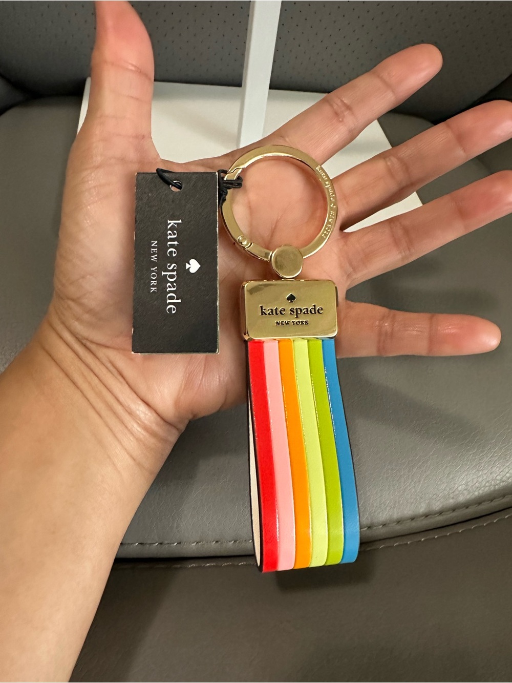 kate spade Rainbow Stripe Leather Keychain - Gold Hardware, New with Tag